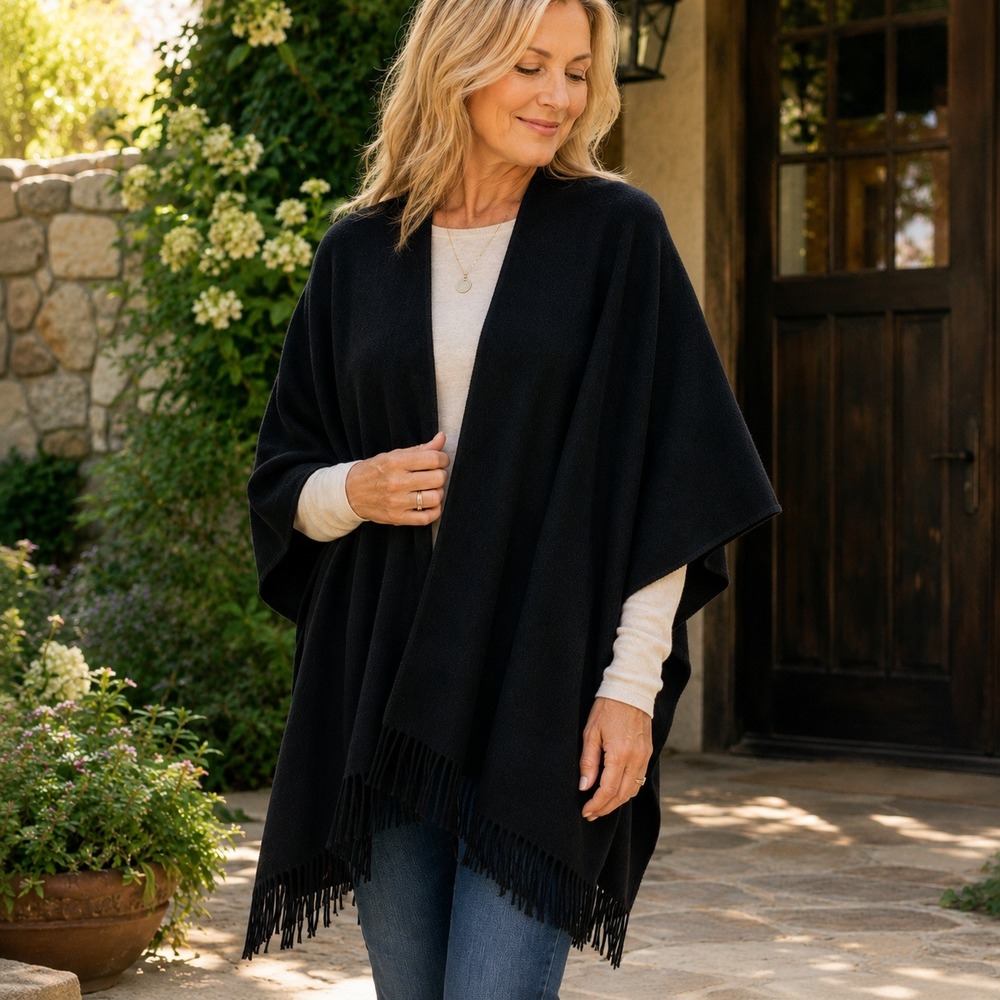 Louis Dell'Olio 100% Lambswool Black Ruana Wrap Fringe Made in Italy OS